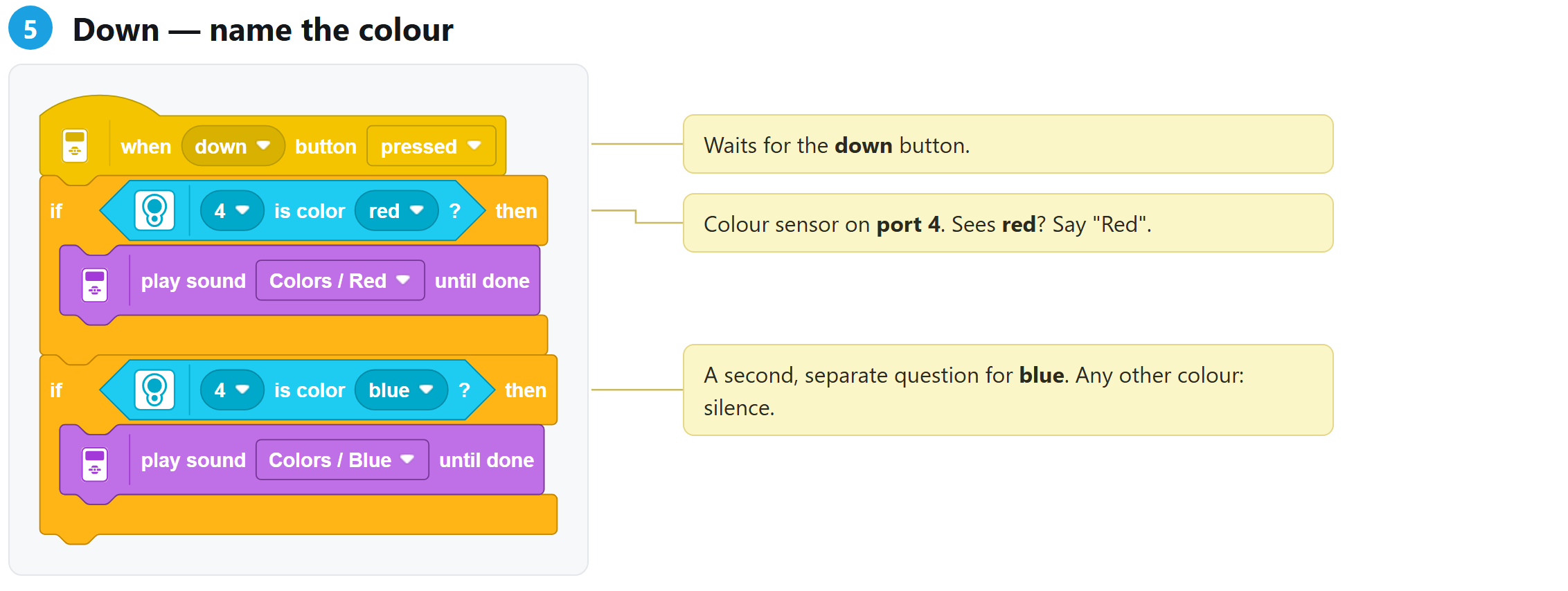 Step 5 of the program, with notes on each block