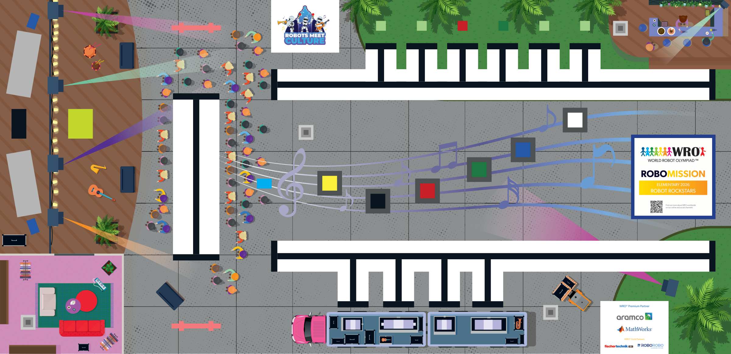 The official WRO 2026 RoboMission mat — Robot Rockstars.