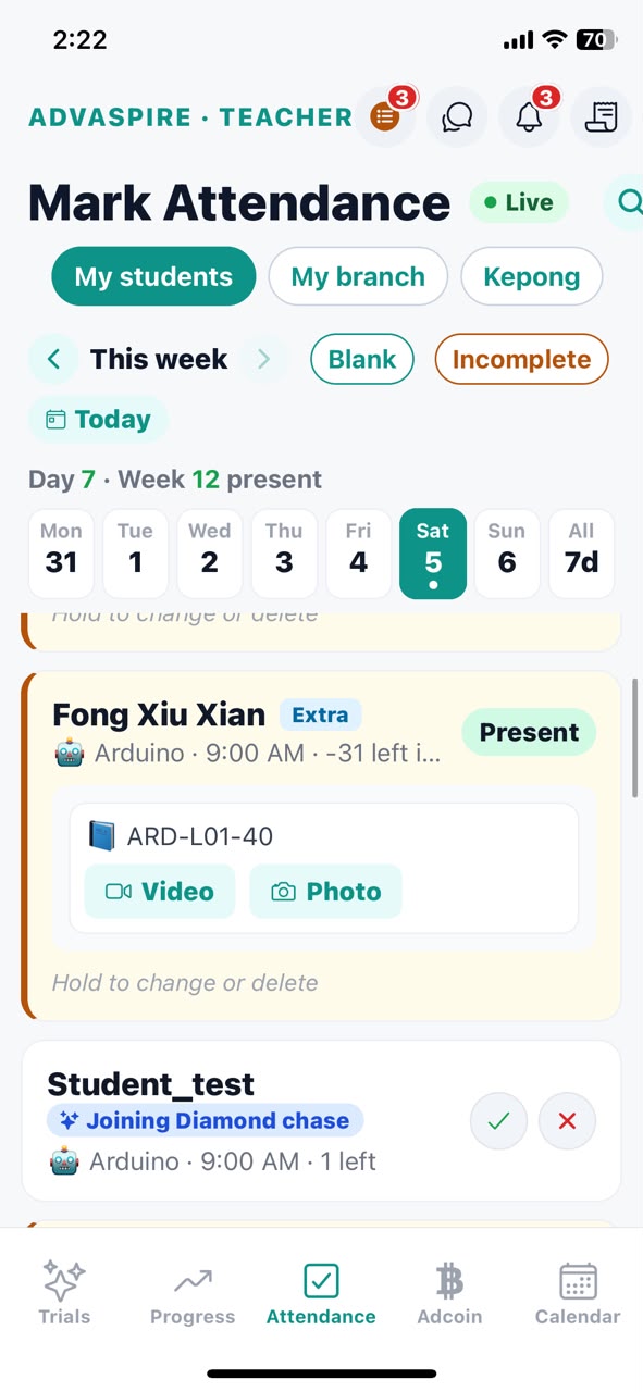Mobile app — Teacher view